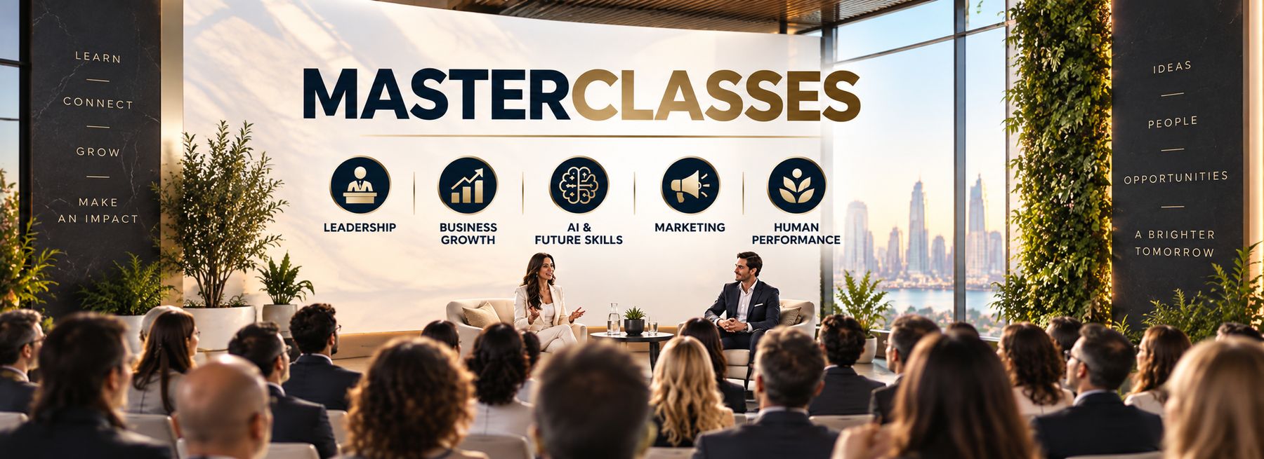 Two experts in conversation on the VIVAVITA Masterclasses stage in front of a full audience, with the five themes Leadership, Business Growth, AI and Future Skills, Marketing and Human Performance on the screen behind them